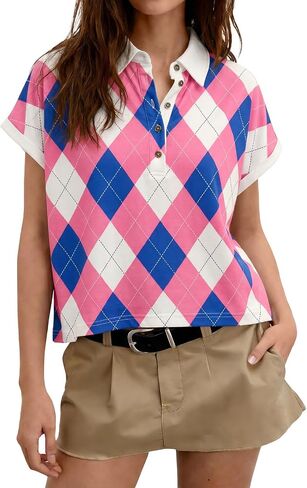 Tankaneo Womens Striped Polo Shirts Summer Short Sleeve Rugby Shirt Oversized Cotton Collared Casual Loose Cropped Tee Tops in Kuwait