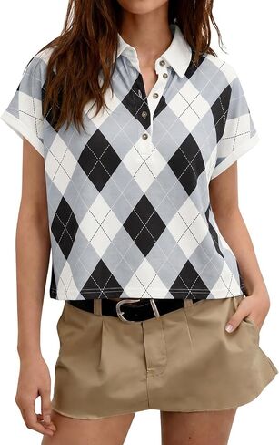 Tankaneo Womens Striped Polo Shirts Summer Short Sleeve Rugby Shirt Oversized Cotton Collared Casual Loose Cropped Tee Tops in Kuwait