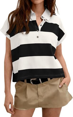 Tankaneo Womens Striped Polo Shirts Summer Short Sleeve Rugby Shirt Oversized Cotton Collared Casual Loose Cropped Tee Tops in Kuwait