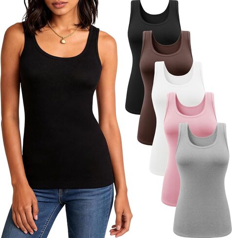 5 Pack Tank Tops for Women, Soft Ribbed Scoop Neck Sleeveless Fitted Basic Summer Tops Casual Going Out Undershirt in Saudi Arabia