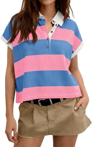 Tankaneo Womens Striped Polo Shirts Summer Short Sleeve Rugby Shirt Oversized Cotton Collared Casual Loose Cropped Tee Tops in Kuwait