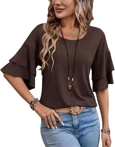 Womens Crew Neck Sleeve Tops Double Ruffle Short T-Shirt Dressy Casual Blouses Spring Summer Fall Loose Fit Tunic in Kuwait