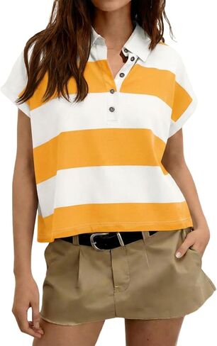 Tankaneo Womens Striped Polo Shirts Summer Short Sleeve Rugby Shirt Oversized Cotton Collared Casual Loose Cropped Tee Tops in Kuwait