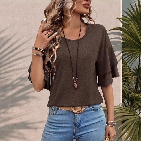 Womens Crew Neck Sleeve Tops Double Ruffle Short T-Shirt Dressy Casual Blouses Spring Summer Fall Loose Fit Tunic in Kuwait
