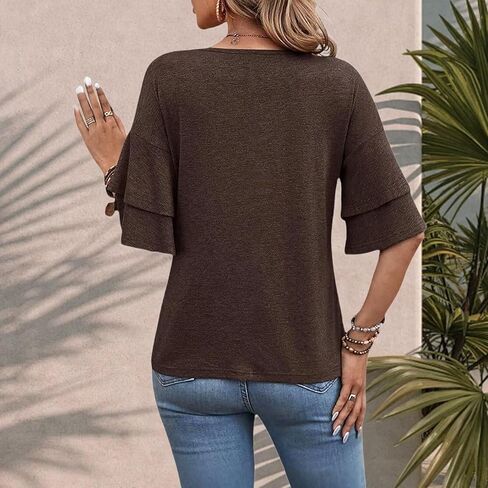 Womens Crew Neck Sleeve Tops Double Ruffle Short T-Shirt Dressy Casual Blouses Spring Summer Fall Loose Fit Tunic in Kuwait