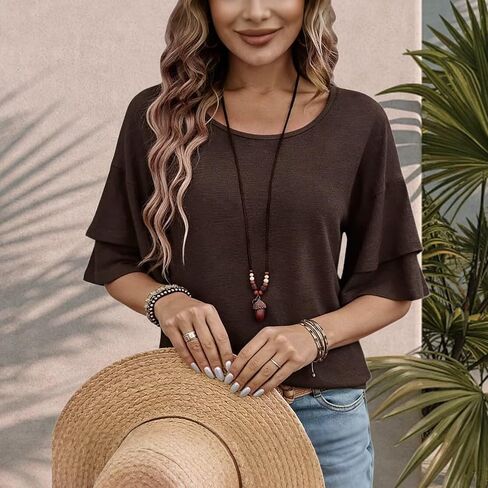 Womens Crew Neck Sleeve Tops Double Ruffle Short T-Shirt Dressy Casual Blouses Spring Summer Fall Loose Fit Tunic in Kuwait