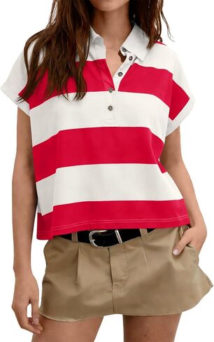 Tankaneo Womens Striped Polo Shirts Summer Short Sleeve Rugby Shirt Oversized Cotton Collared Casual Loose Cropped Tee Tops in Kuwait