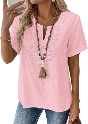 LOMON Womens Short Sleeve Tops Cotton Linen Shirts Loose Casual V Neck Lace Blouses Summer Vacation Clothes in Kuwait