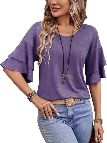Womens Crew Neck Sleeve Tops Double Ruffle Short T-Shirt Dressy Casual Blouses Spring Summer Fall Loose Fit Tunic in Kuwait