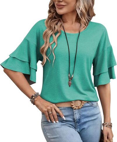 Womens Crew Neck Sleeve Tops Double Ruffle Short T-Shirt Dressy Casual Blouses Spring Summer Fall Loose Fit Tunic in Kuwait