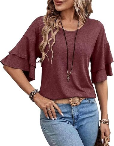 Womens Crew Neck Sleeve Tops Double Ruffle Short T-Shirt Dressy Casual Blouses Spring Summer Fall Loose Fit Tunic in Kuwait