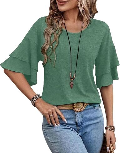 Womens Crew Neck Sleeve Tops Double Ruffle Short T-Shirt Dressy Casual Blouses Spring Summer Fall Loose Fit Tunic in Kuwait