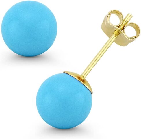 Blue Turquoise Ball Butterfly-Pushback Stud Earrings in 14k Yellow Gold in Saudi Arabia