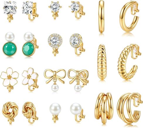 Krfy 10/11/12 Pairs Gold Clip on Earrings for Women Non Pierced Pearl Chunky Hoop Earring Set with 16K Plated Twisted CZ Studs Comfortable Dainty Cute Dangle Aesthetic Aretes de Mujer Daily Choices in Saudi Arabia