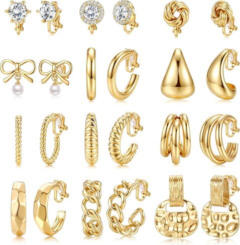 Krfy 10/11/12 Pairs Gold Clip on Earrings for Women Non Pierced Pearl Chunky Hoop Earring Set with 16K Plated Twisted CZ Studs Comfortable Dainty Cute Dangle Aesthetic Aretes de Mujer Daily Choices in Saudi Arabia
