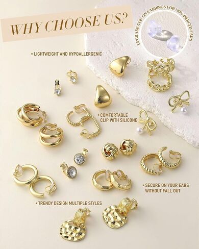 Krfy 10/11/12 Pairs Gold Clip on Earrings for Women Non Pierced Pearl Chunky Hoop Earring Set with 16K Plated Twisted CZ Studs Comfortable Dainty Cute Dangle Aesthetic Aretes de Mujer Daily Choices in Saudi Arabia