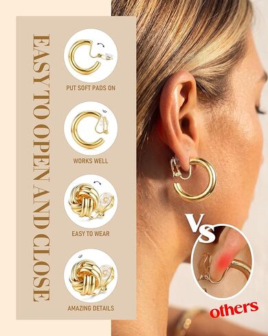 Krfy 10/11/12 Pairs Gold Clip on Earrings for Women Non Pierced Pearl Chunky Hoop Earring Set with 16K Plated Twisted CZ Studs Comfortable Dainty Cute Dangle Aesthetic Aretes de Mujer Daily Choices in Saudi Arabia