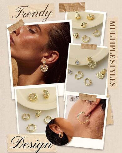 Krfy 10/11/12 Pairs Gold Clip on Earrings for Women Non Pierced Pearl Chunky Hoop Earring Set with 16K Plated Twisted CZ Studs Comfortable Dainty Cute Dangle Aesthetic Aretes de Mujer Daily Choices in Saudi Arabia
