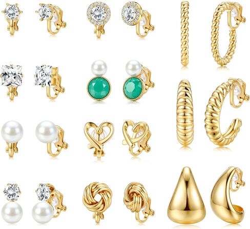 Krfy 10/11/12 Pairs Gold Clip on Earrings for Women Non Pierced Pearl Chunky Hoop Earring Set with 16K Plated Twisted CZ Studs Comfortable Dainty Cute Dangle Aesthetic Aretes de Mujer Daily Choices in Saudi Arabia