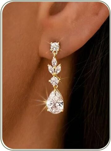 HANLI Dangle Earrings for Women – 14K Gold Plated/Silver Drop Earrings Sparkly CZ Gold Dangle Earrings Elegant Dangling Earrings for Wedding Bridal Prom Jewelry in Saudi Arabia