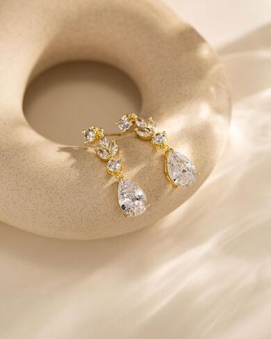 HANLI Dangle Earrings for Women – 14K Gold Plated/Silver Drop Earrings Sparkly CZ Gold Dangle Earrings Elegant Dangling Earrings for Wedding Bridal Prom Jewelry in Saudi Arabia