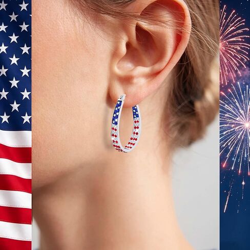 Go Ho 4th of July Patriotic Hoop Earrings, American Flag Red White and Blue Sparkly Crystal Jewelry for Women, Independence Day Accessories for Shirts Outfits in Saudi Arabia