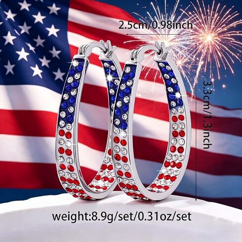 Go Ho 4th of July Patriotic Hoop Earrings, American Flag Red White and Blue Sparkly Crystal Jewelry for Women, Independence Day Accessories for Shirts Outfits in Saudi Arabia