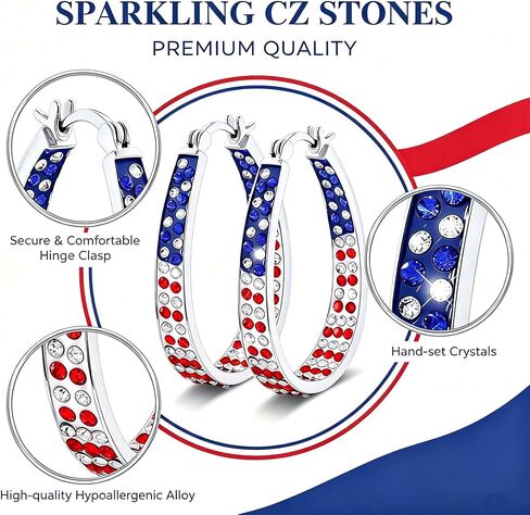Go Ho 4th of July Patriotic Hoop Earrings, American Flag Red White and Blue Sparkly Crystal Jewelry for Women, Independence Day Accessories for Shirts Outfits in Saudi Arabia