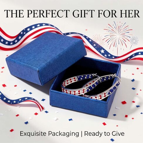Go Ho 4th of July Patriotic Hoop Earrings, American Flag Red White and Blue Sparkly Crystal Jewelry for Women, Independence Day Accessories for Shirts Outfits in Saudi Arabia