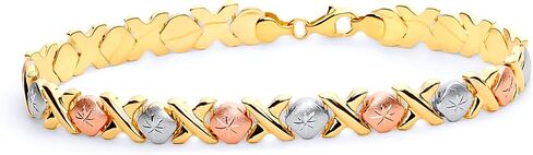 سوار Wellingsale 14k Tri 3 ألوان من الذهب المصقول بقطع الألماس Stampato XOXO مع مشبك مخلب جراد البحر - 7.25 بوصة in Kuwait