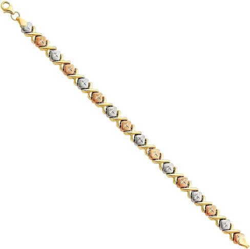 سوار Wellingsale 14k Tri 3 ألوان من الذهب المصقول بقطع الألماس Stampato XOXO مع مشبك مخلب جراد البحر - 7.25 بوصة in Kuwait