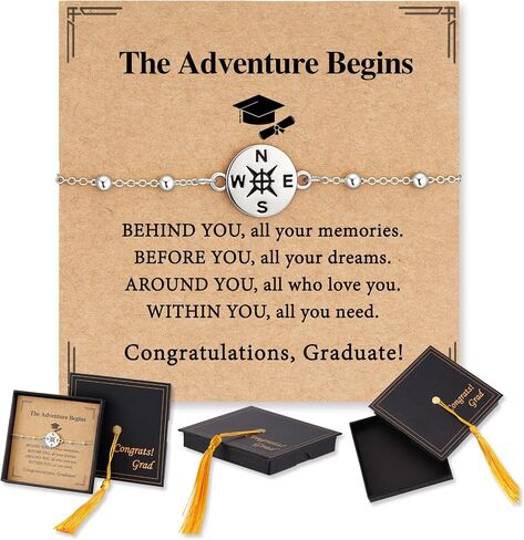 2026 Graduation Bracelet for Her-14K Gold/Silver Plated Compass Bracelet with Grad Cap Gift Box Graduation Gift for Middle High School College Graduates in Saudi Arabia