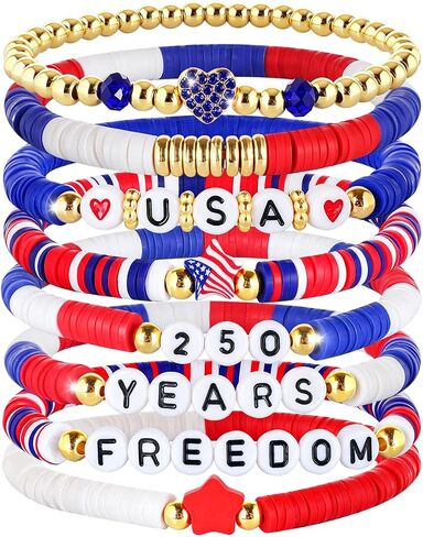 Mysense 250 Anniversary USA Merchandise, 4th of July Accessories, 8 Pack Patriotic Red White & Blue Bracelets, Matching Shirt & 4th of July Outfits for Women, Perfect Independence Day Gifts in Saudi Arabia
