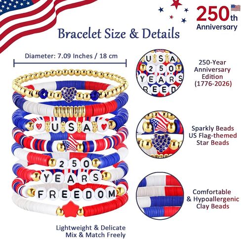 Mysense 250 Anniversary USA Merchandise, 4th of July Accessories, 8 Pack Patriotic Red White & Blue Bracelets, Matching Shirt & 4th of July Outfits for Women, Perfect Independence Day Gifts in Saudi Arabia