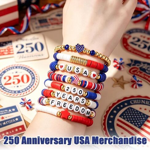 Mysense 250 Anniversary USA Merchandise, 4th of July Accessories, 8 Pack Patriotic Red White & Blue Bracelets, Matching Shirt & 4th of July Outfits for Women, Perfect Independence Day Gifts in Saudi Arabia