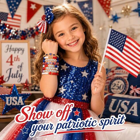 Mysense 250 Anniversary USA Merchandise, 4th of July Accessories, 8 Pack Patriotic Red White & Blue Bracelets, Matching Shirt & 4th of July Outfits for Women, Perfect Independence Day Gifts in Saudi Arabia