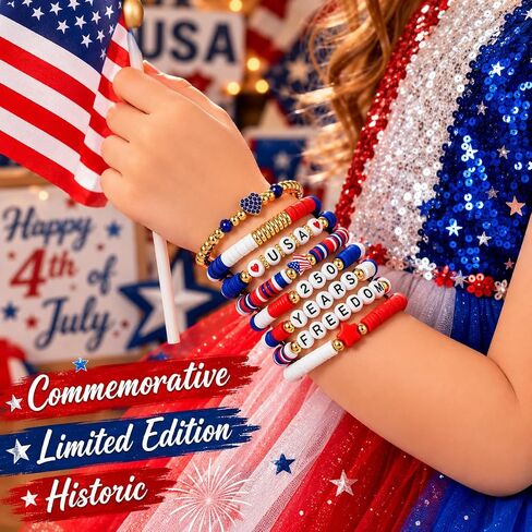 Mysense 250 Anniversary USA Merchandise, 4th of July Accessories, 8 Pack Patriotic Red White & Blue Bracelets, Matching Shirt & 4th of July Outfits for Women, Perfect Independence Day Gifts in Saudi Arabia