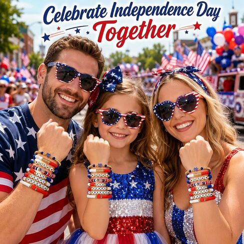Mysense 250 Anniversary USA Merchandise, 4th of July Accessories, 8 Pack Patriotic Red White & Blue Bracelets, Matching Shirt & 4th of July Outfits for Women, Perfect Independence Day Gifts in Saudi Arabia
