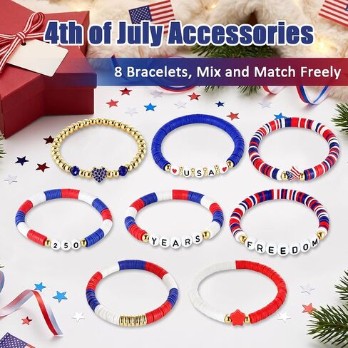 Mysense 250 Anniversary USA Merchandise, 4th of July Accessories, 8 Pack Patriotic Red White & Blue Bracelets, Matching Shirt & 4th of July Outfits for Women, Perfect Independence Day Gifts in Saudi Arabia