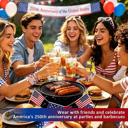 Mysense 250 Anniversary USA Merchandise, 4th of July Accessories, 8 Pack Patriotic Red White & Blue Bracelets, Matching Shirt & 4th of July Outfits for Women, Perfect Independence Day Gifts in Saudi Arabia