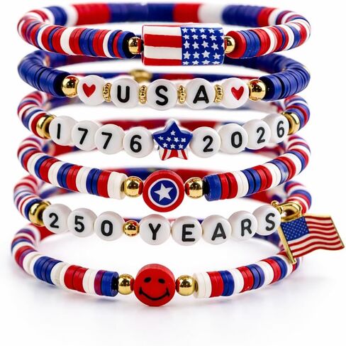 4th of July Outfits for Women - 6 Pack Patriotic 𝐁𝐫𝐚𝐜𝐞𝐥𝐞𝐭𝐬 for 250th Anniversary USA Shirt | 250th Anniversary 1776-2026 USA Merchandise | Fourth of July Accessories Decorations Party Favors in Saudi Arabia