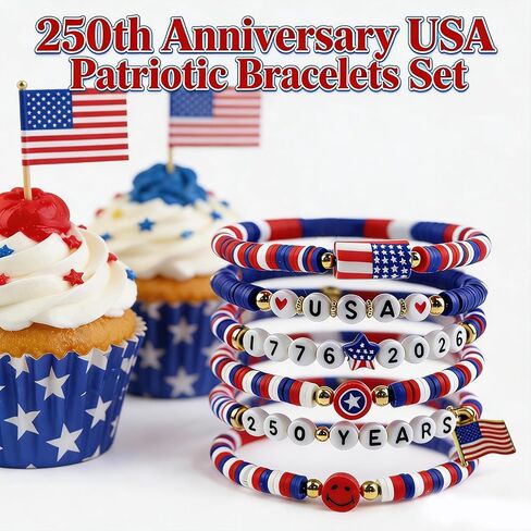 4th of July Outfits for Women - 6 Pack Patriotic 𝐁𝐫𝐚𝐜𝐞𝐥𝐞𝐭𝐬 for 250th Anniversary USA Shirt | 250th Anniversary 1776-2026 USA Merchandise | Fourth of July Accessories Decorations Party Favors in Saudi Arabia
