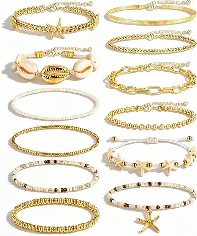 FAXHION Boho Gold Beaded Bracelets for Women, Starfish & Shell Pendant Bracelet Stack, Gold Bracelet Set Summer Beach Jewelry Gifts in Saudi Arabia