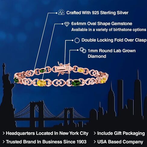 Gem Stone King 18K Rose Gold Plated Silver Yellow Citrine and Green Chrome Diopside and Lab Grown Diamond Bracelet For Women | 4.01 Cttw | Gemstone November Birthstone | Oval 6X4MM | Length 7.25 in Kuwait