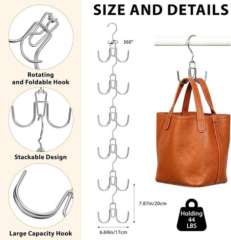 6 Pcs Heavy Duty Purse Organizer for Closet, Stackable Purse Hangers Closet Space Saving with 12 Hanging Metal Purses Hooks Rotatable Handbag Organizer Storage Bag Holder for Backpack Tote Bag in Saudi Arabia
