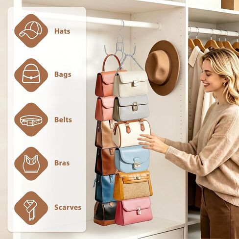 6 Pcs Heavy Duty Purse Organizer for Closet, Stackable Purse Hangers Closet Space Saving with 12 Hanging Metal Purses Hooks Rotatable Handbag Organizer Storage Bag Holder for Backpack Tote Bag in Saudi Arabia