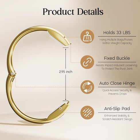 Bathway Purse Hook for Table - Upgraded Snap-On Closure Design Bag Hanger - Heavy Duty Handbag Holder Holds 33 lbs - Portable Desk Hook for Purses, Bags, Backpacks in Restaurant, Office, Car (Gold) in Kuwait
