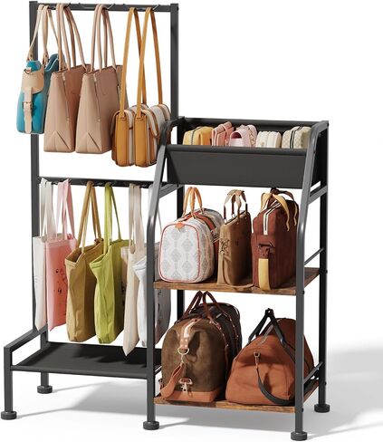 Homsorout Purse Organizer for Closet - Purse Rack Stand with 12 Hooks, 2 Wooden Shelves Purse Storage for Closet, Large Capacity Backpack Storage, Handbag Organizer for Home, Living Room, Black in Saudi Arabia