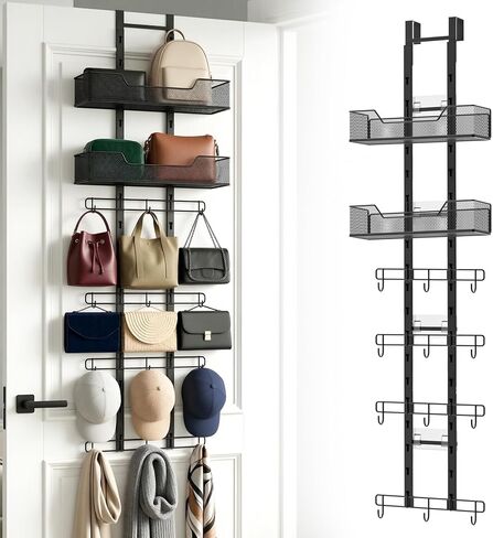 Purse Organizer, Bag Organizer for Closet Door, Over The Door Hanging Handbag Storage Rack with Adjustable 12 Metal Hooks & 2 Baskets, Foldable, No Tools Installation in Saudi Arabia