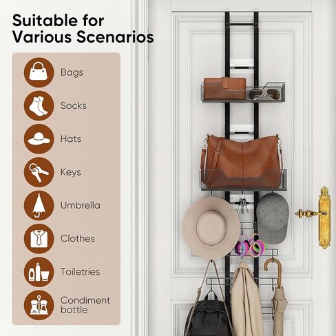 Purse Organizer, Bag Organizer for Closet Door, Over The Door Hanging Handbag Storage Rack with Adjustable 12 Metal Hooks & 2 Baskets, Foldable, No Tools Installation in Saudi Arabia